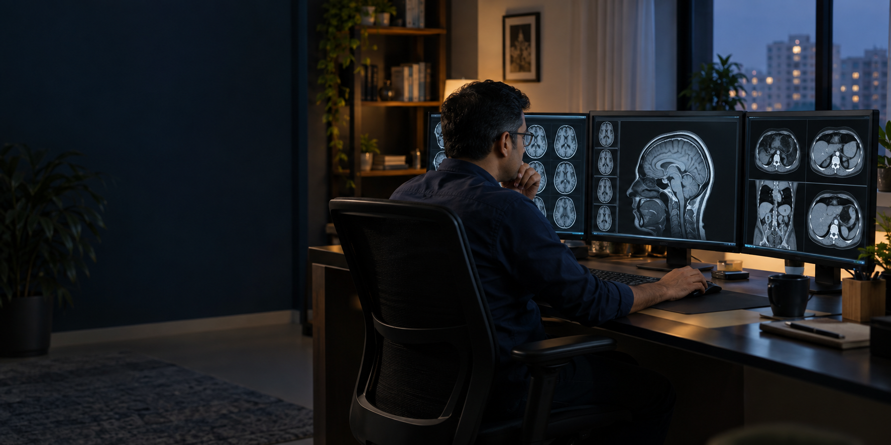 Radiologist reviewing diagnostic images at a reporting workstation